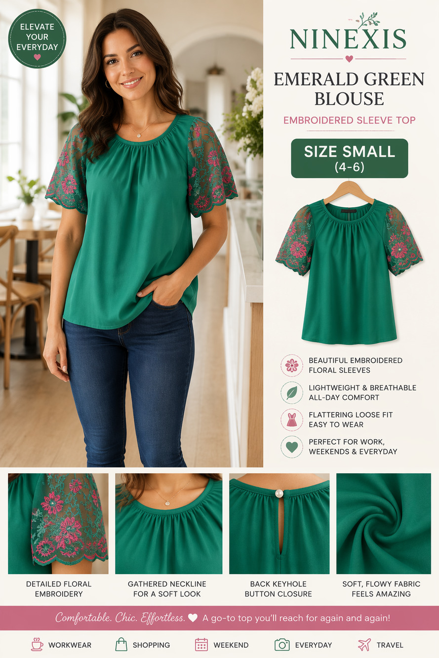 Ninexis Small Emerald Green Blouse Embroidered Floral Sleeve Lightweight Top